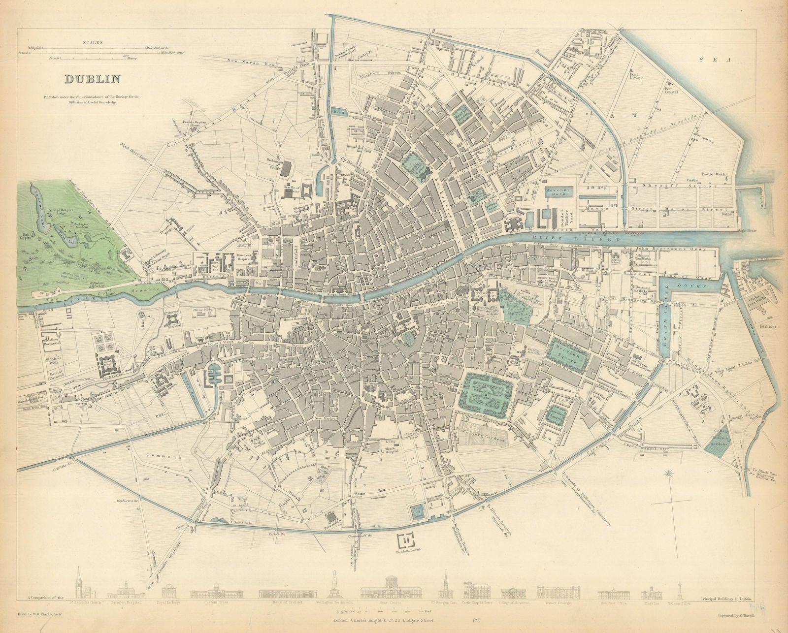 DUBLIN. Antique town city map plan. Key buildings profiles. SDUK 1847 old